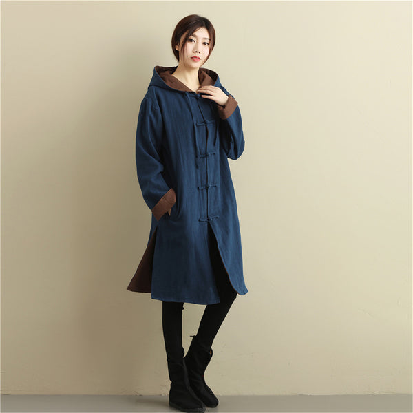 Women Simple Pure Color Double-sided Linen and Cotton Coat Hoodie
