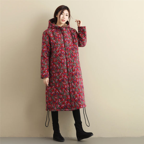 Women Casual Style Long Linen and Cotton Small Flower Printed Quilted Coat (inner with velvet)