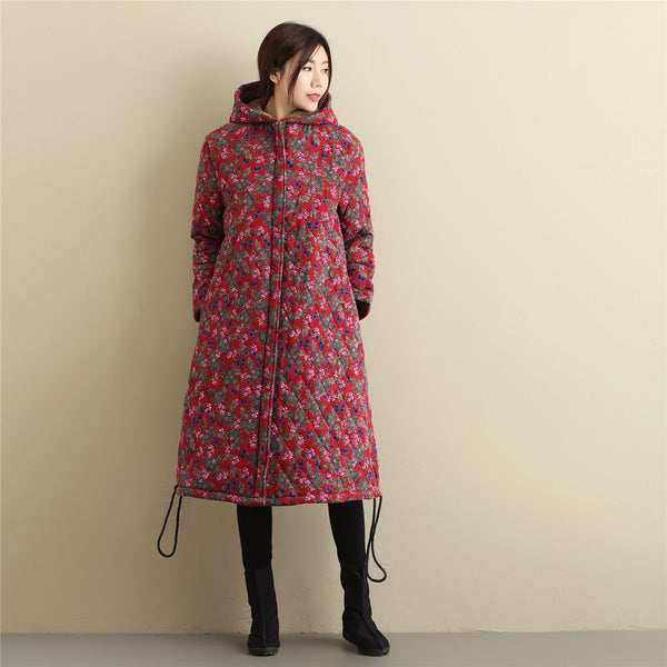 Women Casual Style Long Linen and Cotton Small Flower Printed Quilted Coat (inner with velvet)
