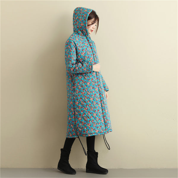 Women Casual Style Long Linen and Cotton Small Flower Printed Quilted Coat (inner with velvet)
