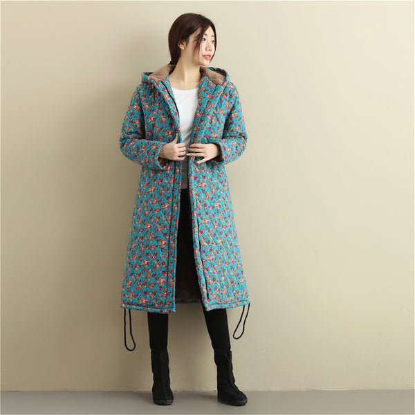 Women Casual Style Long Linen and Cotton Small Flower Printed Quilted Coat (inner with velvet)