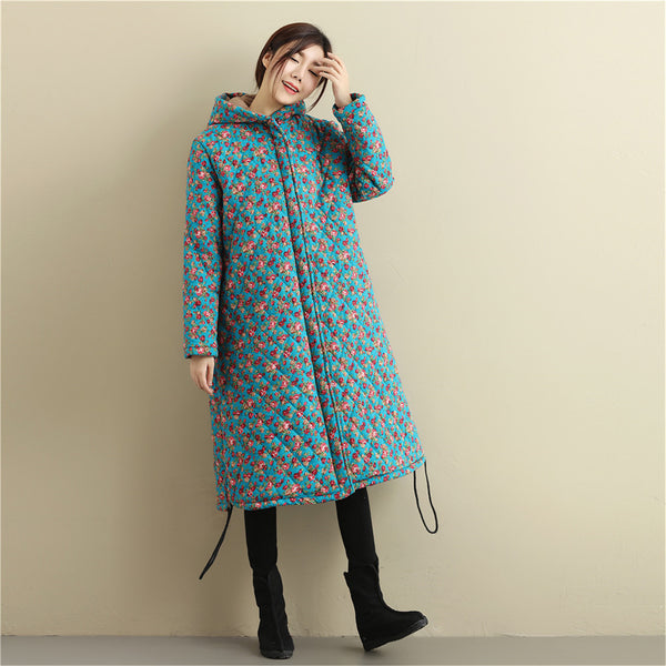 Women Casual Style Long Linen and Cotton Small Flower Printed Quilted Coat (inner with velvet)