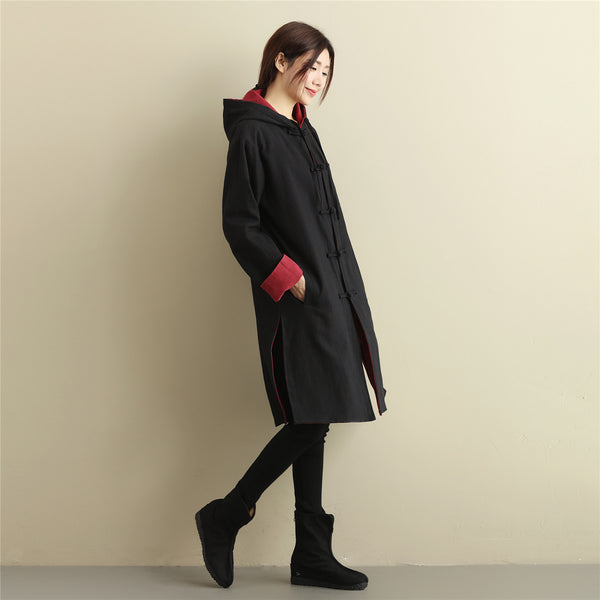 Women Simple Pure Color Double-sided Linen and Cotton Coat Hoodie