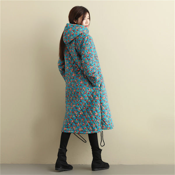 Women Casual Style Long Linen and Cotton Small Flower Printed Quilted Coat (inner with velvet)