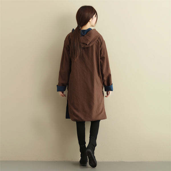 Women Simple Pure Color Double-sided Linen and Cotton Coat Hoodie