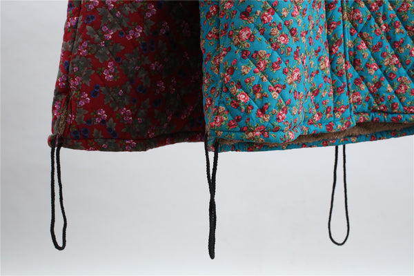 Women Casual Style Long Linen and Cotton Small Flower Printed Quilted Coat (inner with velvet)