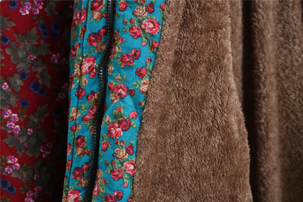 Women Casual Style Long Linen and Cotton Small Flower Printed Quilted Coat (inner with velvet)
