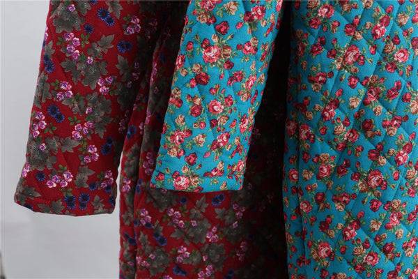 Women Casual Style Long Linen and Cotton Small Flower Printed Quilted Coat (inner with velvet)