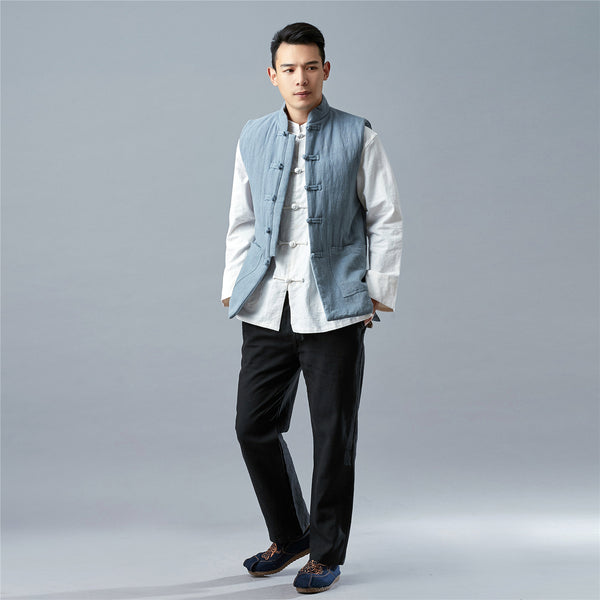 Men Asian Style Water-washed Pure Color Linen and Cotton Vest