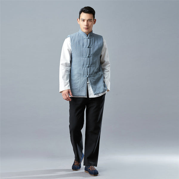 Men Asian Style Water-washed Pure Color Linen and Cotton Vest