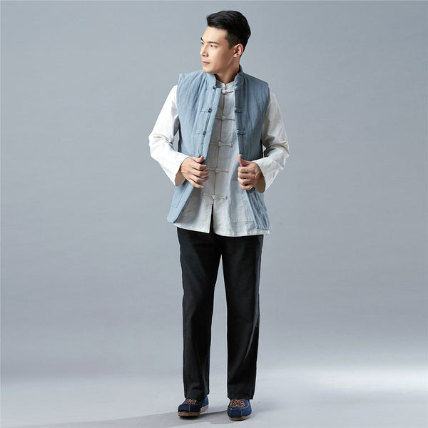 Men Asian Style Water-washed Pure Color Linen and Cotton Vest