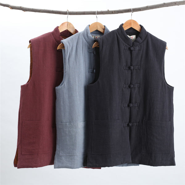 Men Asian Style Water-washed Pure Color Linen and Cotton Vest