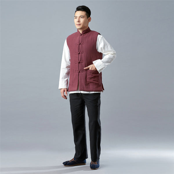 Men Asian Style Water-washed Pure Color Linen and Cotton Vest