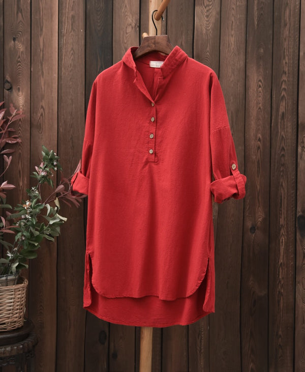 Simple Retro Style Linen and Cotton Half Button Collar Bracelet Sleeve Shirt