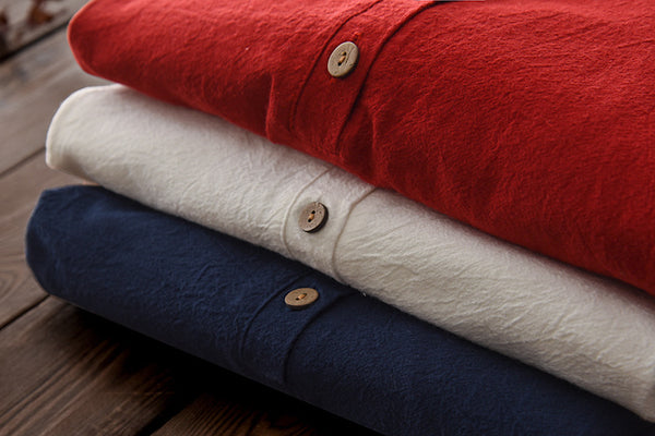 Simple Retro Style Linen and Cotton Half Button Collar Bracelet Sleeve Shirt
