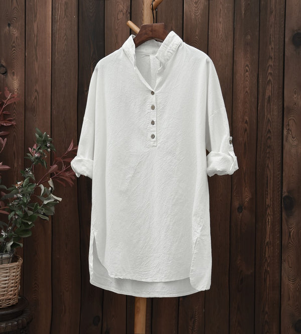 Simple Retro Style Linen and Cotton Half Button Collar Bracelet Sleeve Shirt
