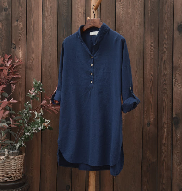 Simple Retro Style Linen and Cotton Half Button Collar Bracelet Sleeve Shirt