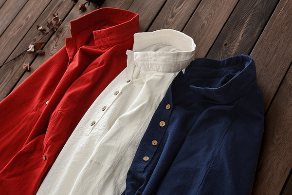 Simple Retro Style Linen and Cotton Half Button Collar Bracelet Sleeve Shirt