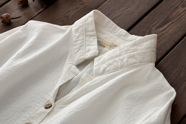 Simple Retro Style Linen and Cotton Half Button Collar Bracelet Sleeve Shirt