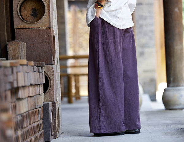 Women Loose Water Wash Linen and Cotton Wide Leg Pants