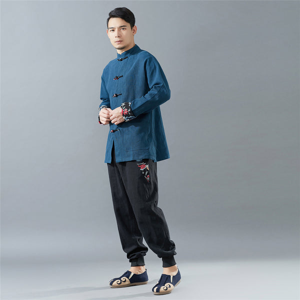 Men Hanfu Style Linen Tops – Tai Chi Style Hangfu Kungfu Zen Style Men's Linen Top