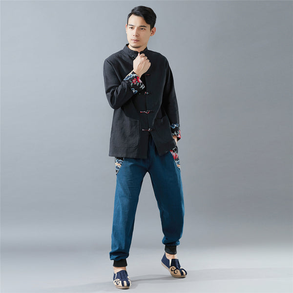 Men Hanfu Style Linen Tops – Tai Chi Style Hangfu Kungfu Zen Style Men's Linen Top