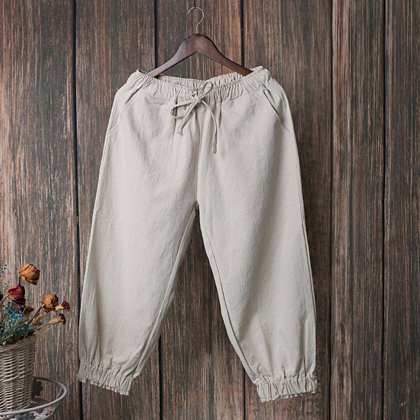 Women Causal Linen and Cotton Lantern Cropped Capri