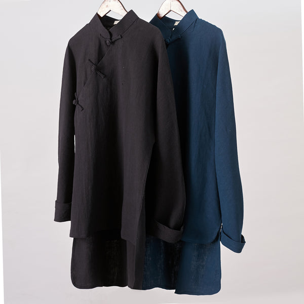 Men Eastern Swallowtail Coat Style Hangfu Kungfu Zen Style Men Long Sleeve Linen and Cotton Top