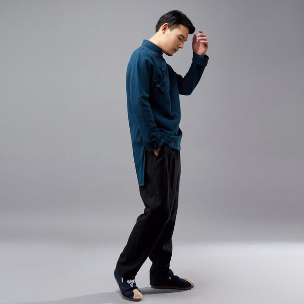 Men Eastern Swallowtail Coat Style Hangfu Kungfu Zen Style Men Long Sleeve Linen and Cotton Top