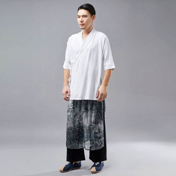 Men Tai Chi Style Hangfu Kungfu Zen Style Short Sleeve Linen and Cotton Tops