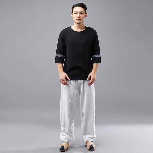 Men Ethnic Hangfu Kungfu Zen Style Men Linen and Cotton Short Sleeve T-shirt Tops