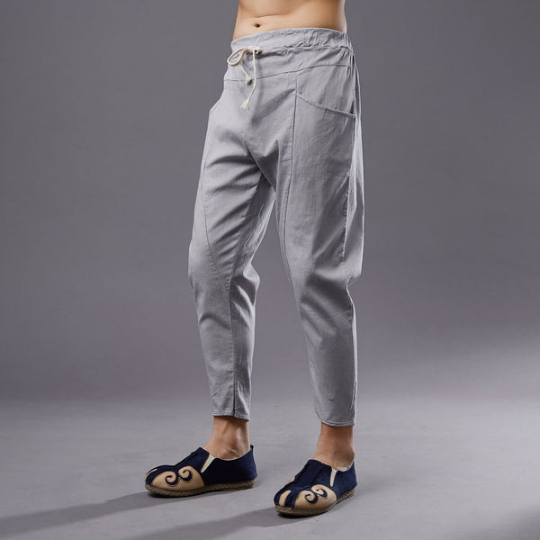 Men New Style Causal Linen and Cotton Capri Small Leg Opening Pants