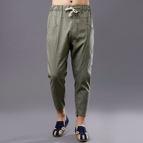 Men New Style Causal Linen and Cotton Capri Small Leg Opening Pants