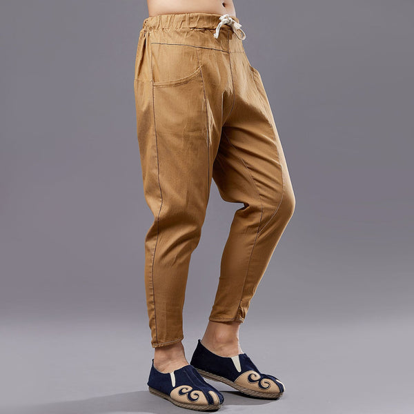 Men New Style Causal Linen and Cotton Capri Small Leg Opening Pants