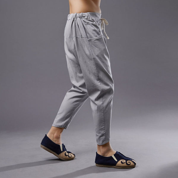 Men New Style Causal Linen and Cotton Capri Small Leg Opening Pants