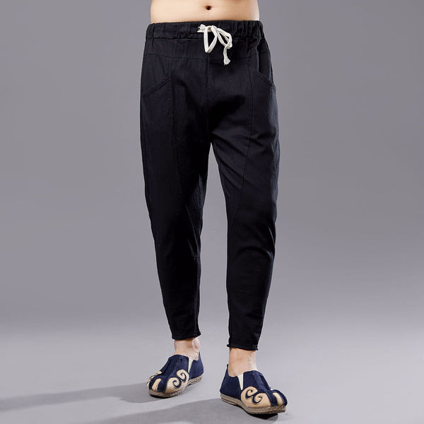 Men New Style Causal Linen and Cotton Capri Small Leg Opening Pants