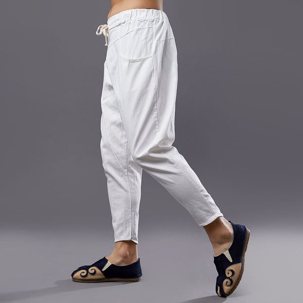 Men New Style Causal Linen and Cotton Capri Small Leg Opening Pants