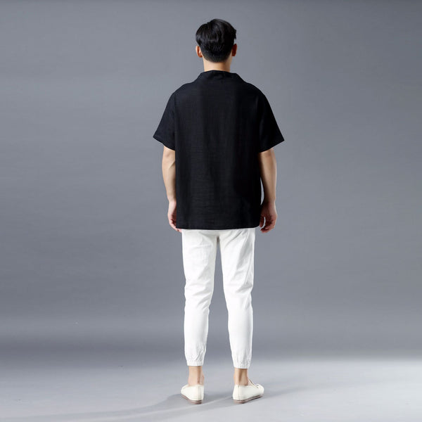 Men Pullover Short Sleeve Linen and Cotton Shirts Tops