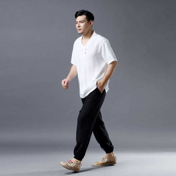 Men Pullover Short Sleeve Linen and Cotton Shirts Tops