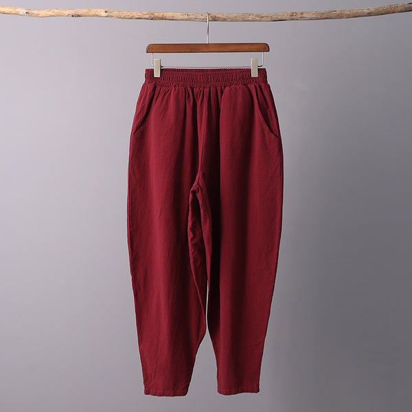 Women Casual Linen and Cotton Loose  Cropped Small Leg Pants
