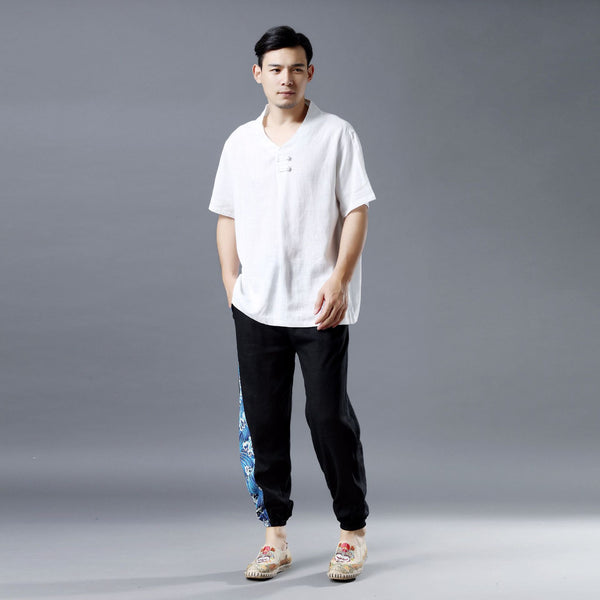 Men Pullover Short Sleeve Linen and Cotton Shirts Tops