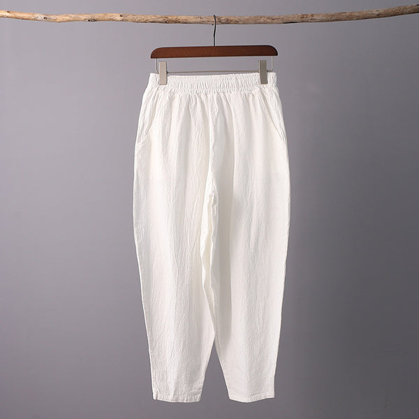 Women Casual Linen and Cotton Loose  Cropped Small Leg Pants