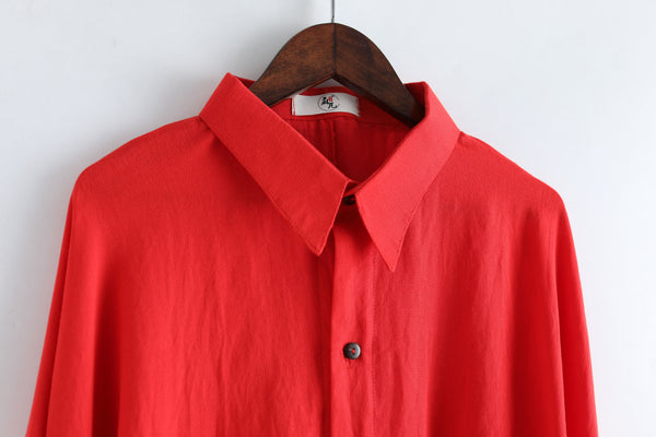 Men Red Loose Linen and Cotton Linen Cardigan Shirt