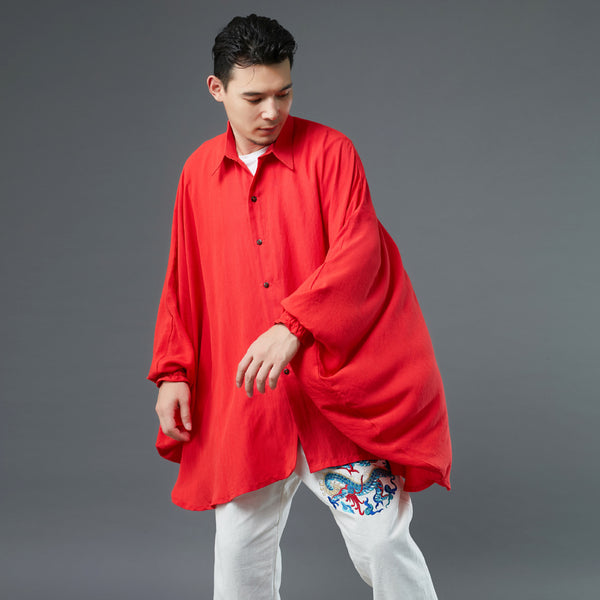 Men Red Loose Linen and Cotton Linen Cardigan Shirt