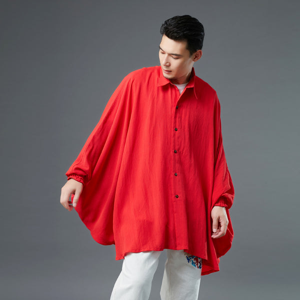 Men Red Loose Linen and Cotton Linen Cardigan Shirt