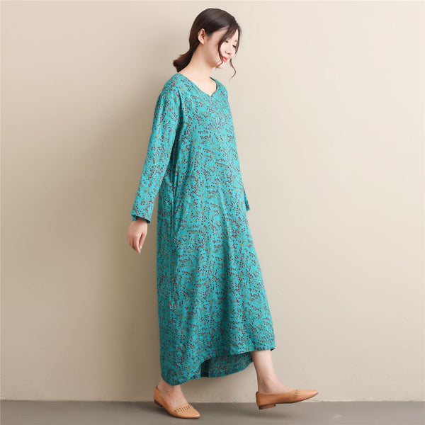 Women Simple Style Small Flower Printed Long Sleeved Linen and Cotton Thin Dress