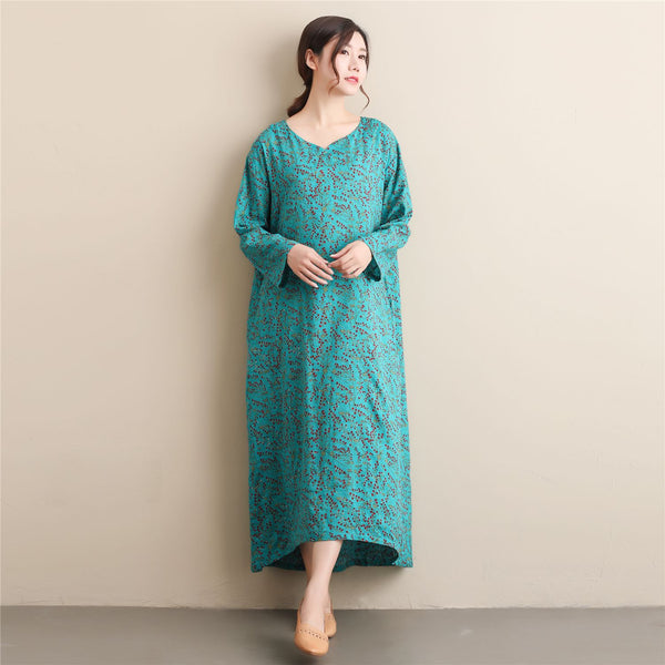 Women Simple Style Small Flower Printed Long Sleeved Linen and Cotton Thin Dress