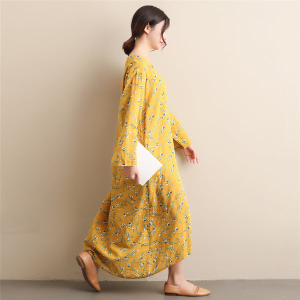 Women Simple Style Small Flower Printed Long Sleeved Linen and Cotton Thin Dress
