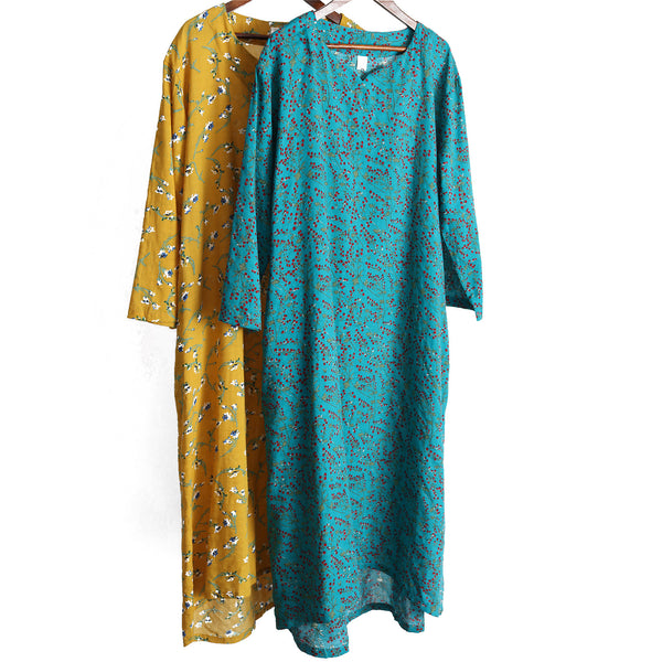Women Simple Style Small Flower Printed Long Sleeved Linen and Cotton Thin Dress