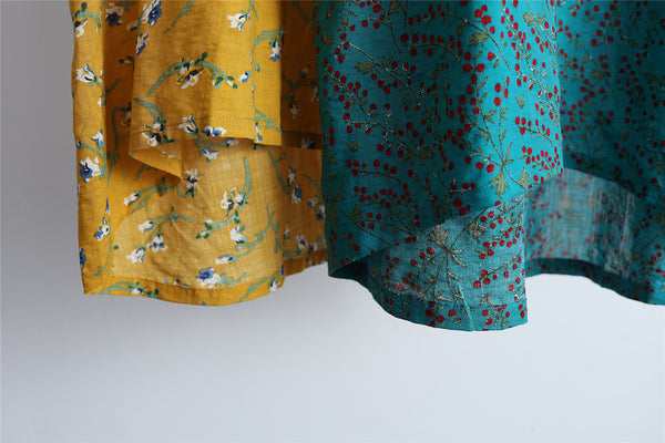 Women Simple Style Small Flower Printed Long Sleeved Linen and Cotton Thin Dress